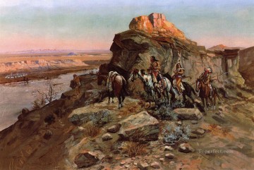 チャールズ・マリオン・ラッセル Painting - 攻撃を計画するインディアン西部アメリカ人チャールズ・マリオン・ラッセル